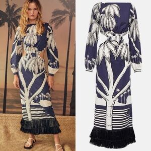 Johanna Ortiz Holistic Jungle Embroidered Midi Dress Navy Ecru 2 EUC